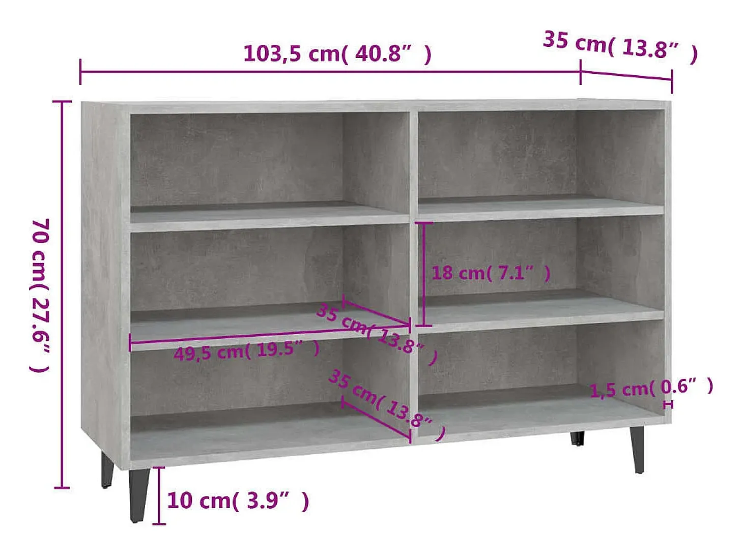 Aparador buffet cómoda mueble mueble de almacenaje organizador cocina salón salón 103,5 x 35 x 70 cm madera contrachapada gris 02_0031842