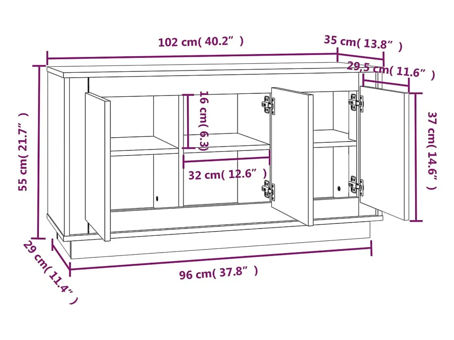 Aparador buffet cómoda mueble mueble de almacenaje organizador cocina salón salón 102 x 35 x 55 cm madera contrachapada blanco 02_0030174