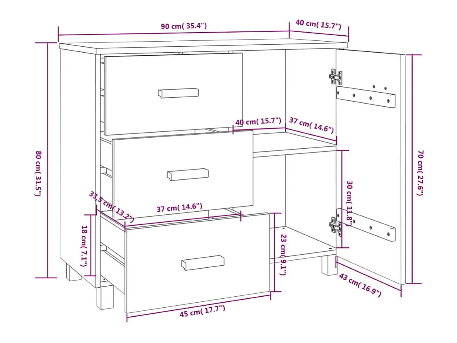 Aparador buffet cómoda mueble mueble de almacenaje organizador cocina salón salón 90 x 40 x 80 cm madera maciza de pino marrón 02_0032181