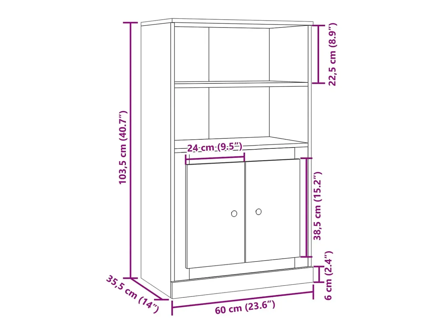 Aparador buffet cómoda mueble mueble de almacenaje organizador cocina salón salón alta artesanía 60 x 35,5 x 103,5 cm madera contrachapada marrón 02_0033163