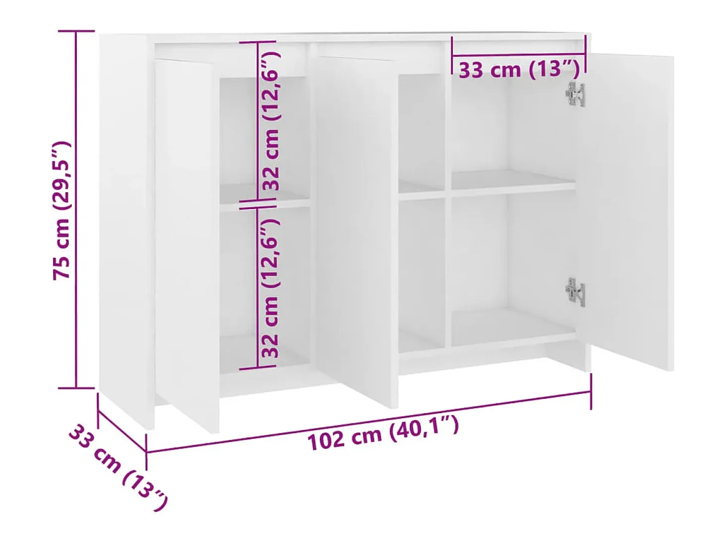 Aparador buffet cómoda mueble mueble de almacenaje organizador cocina salón salón 102 x 33 x 75 cm madera contrachapada blanco 02_0030173