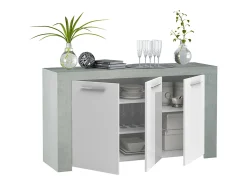 Aparador Buffet Moderno con 3 Puertas en Melamina con Acabado en Color Blanco Artik y Gris Cemento - Dim: 144 cm (Ancho) x 80 cm (Alto) x 42 cm (Fondo)