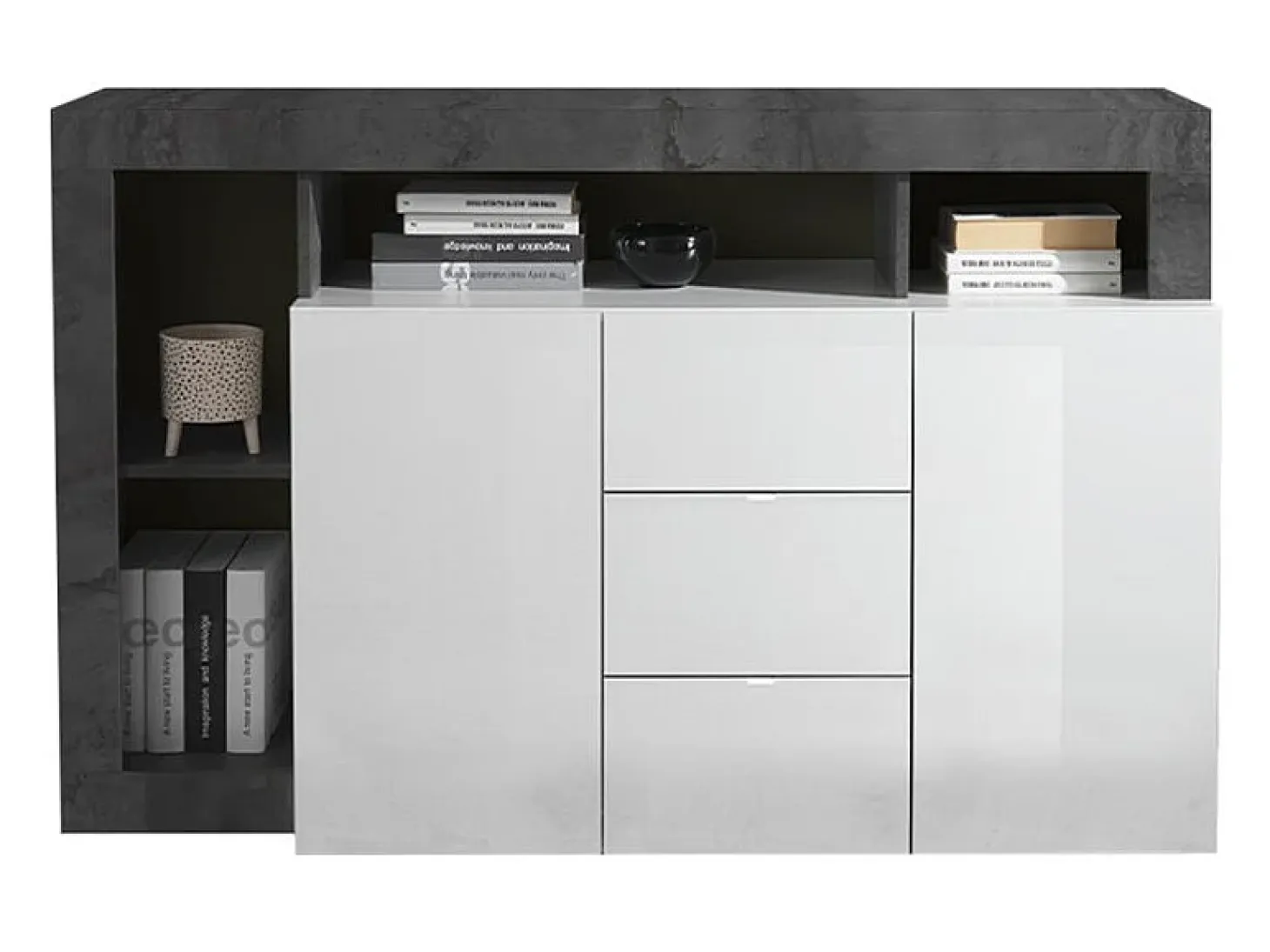 Aparador buffet moderno negro 2 puertas 3 cajones blanco brillante Lavine BX