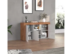 Aparador Chronos con 3 puertas y 1 compartimento blanco brillo y roble 155x40x85 cm