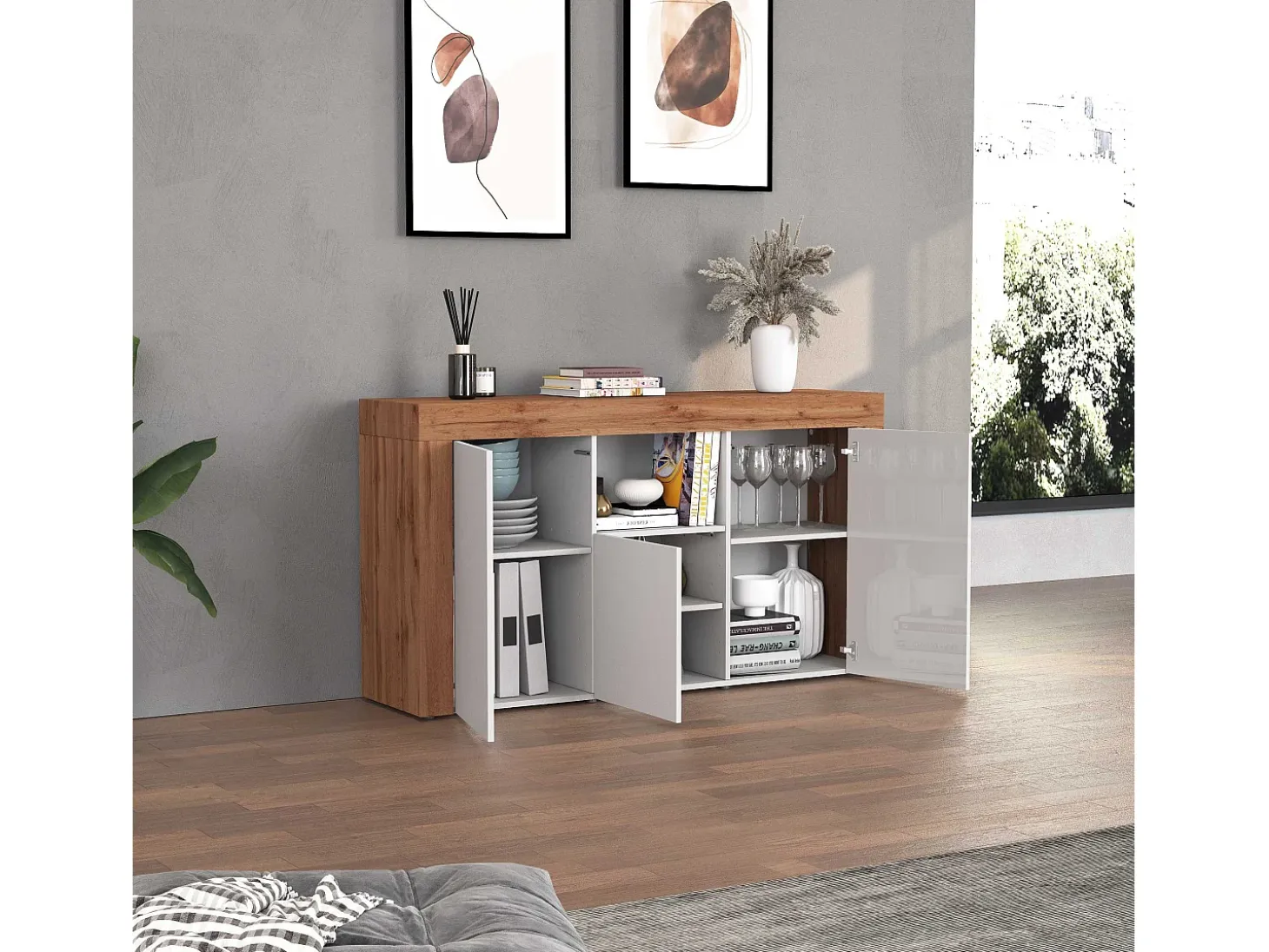 Aparador Chronos con 3 puertas y 1 compartimento blanco brillo y roble 155x40x85 cm
