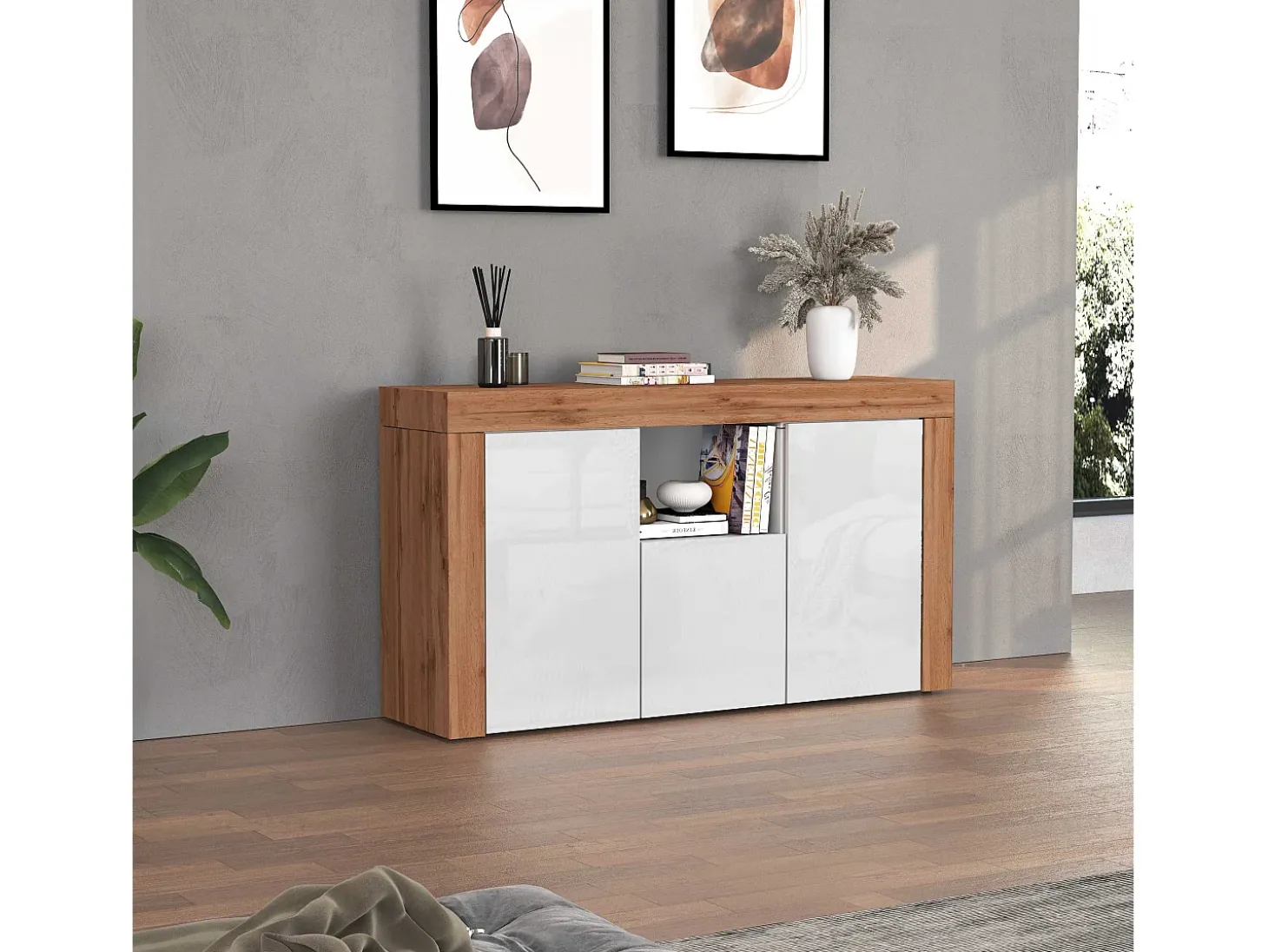 Aparador Chronos con 3 puertas y 1 compartimento blanco brillo y roble 155x40x85 cm