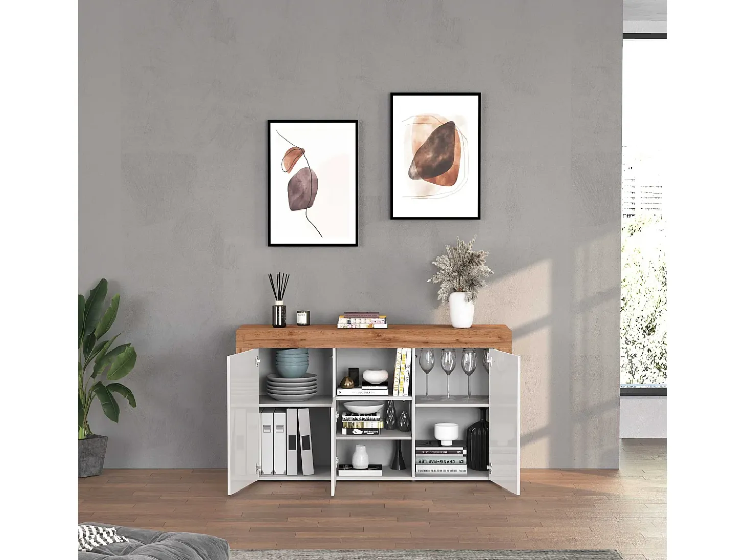 Aparador Chronos con 3 puertas y 1 compartimento blanco brillo y roble 155x40x85 cm