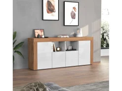 Aparador Chronos con 4 puertas y 2 compartimentos, blanco brillo y roble, 200 x 40 x 85 cm