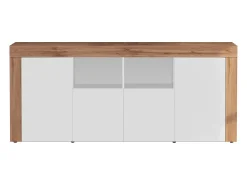 Aparador Chronos con 4 puertas y 2 compartimentos, blanco brillo y roble, 200 x 40 x 85 cm