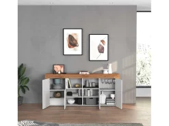 Aparador Chronos con 4 puertas y 2 compartimentos, blanco brillo y roble, 200 x 40 x 85 cm