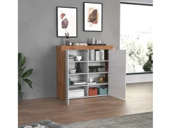 Aparador Chronos con 4 puertas en blanco brillo y roble 140x40x130 cm
