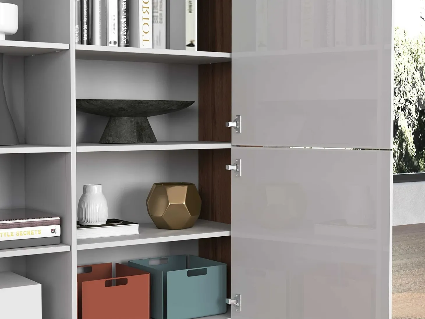 Aparador Chronos con 4 puertas en blanco brillo y roble 140x40x130 cm