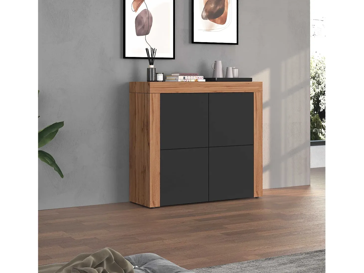 Aparador Chronos con 4 puertas, color antracita mate y roble, 140 x 40 x 130 cm