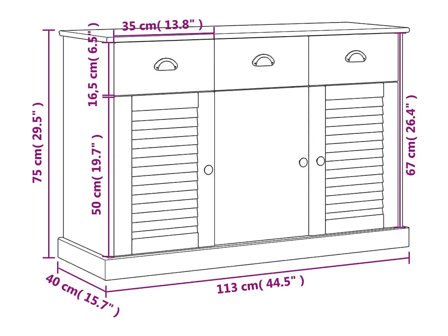 Aparador cómoda armario mueble organizador cocina salón salón con cajones 113 x 40 x 75 cm madera maciza de pino blanco 02_0030132