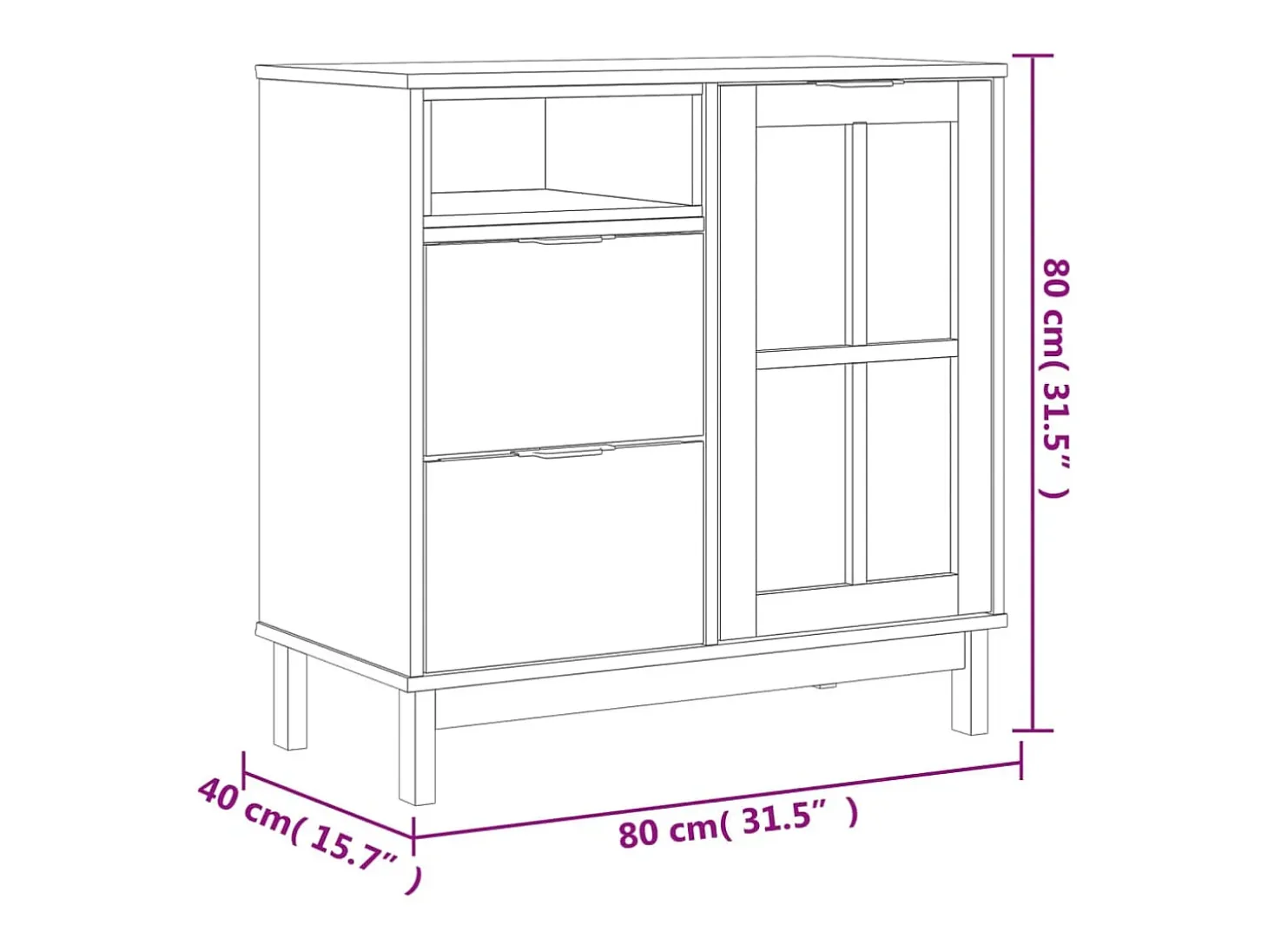 Aparador cómoda armario mueble organizador cocina salón salón con puerta de cristal 80 x 40 x 80 cm madera maciza de pino marrón 02_0030104