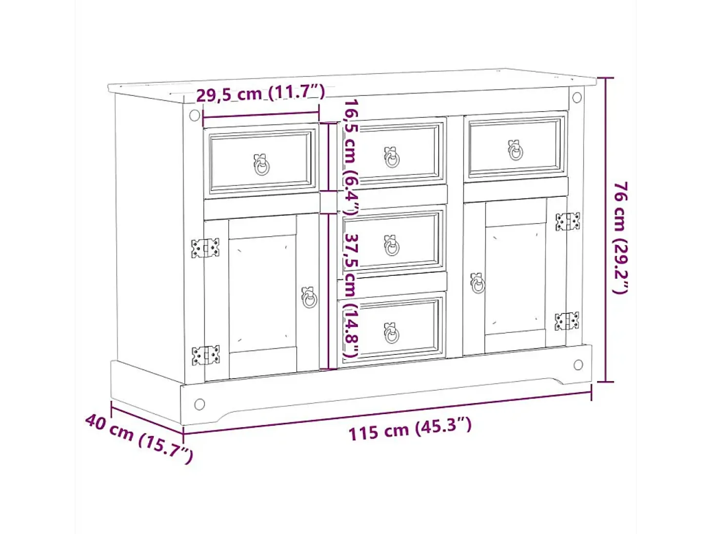Aparador cómoda cómoda armario mueble organizador cocina salón Corona 115 x 40 x 76 cm madera maciza de pino 02_0031744