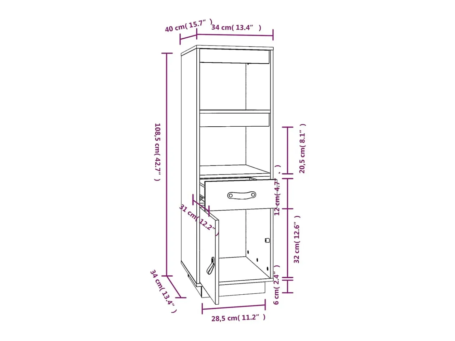 Aparador cómoda cómoda armario mueble organizador cocina salón salón alto 34 x 40 x 108,5 cm madera maciza de pino marrón 02_0034752