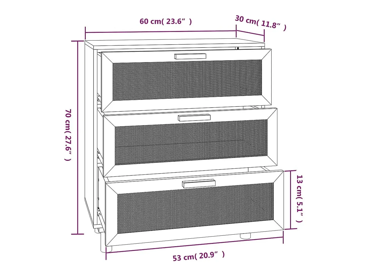 Aparador cómoda cómoda armario mueble organizador cocina salón salón 60 x 30 x 70 cm madera maciza de pino y ratán negro natural 02_0035967