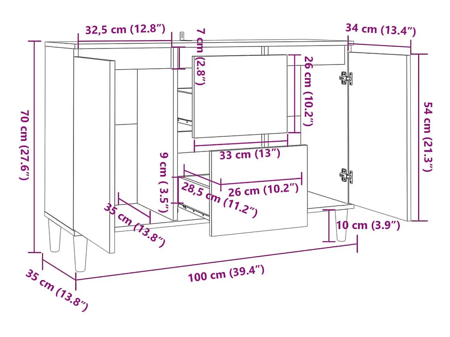 Aparador cómoda cómoda mueble mueble de almacenaje organizador cocina salón salón 101 x 35 x 70 cm madera contrachapada blanco 02_0030172