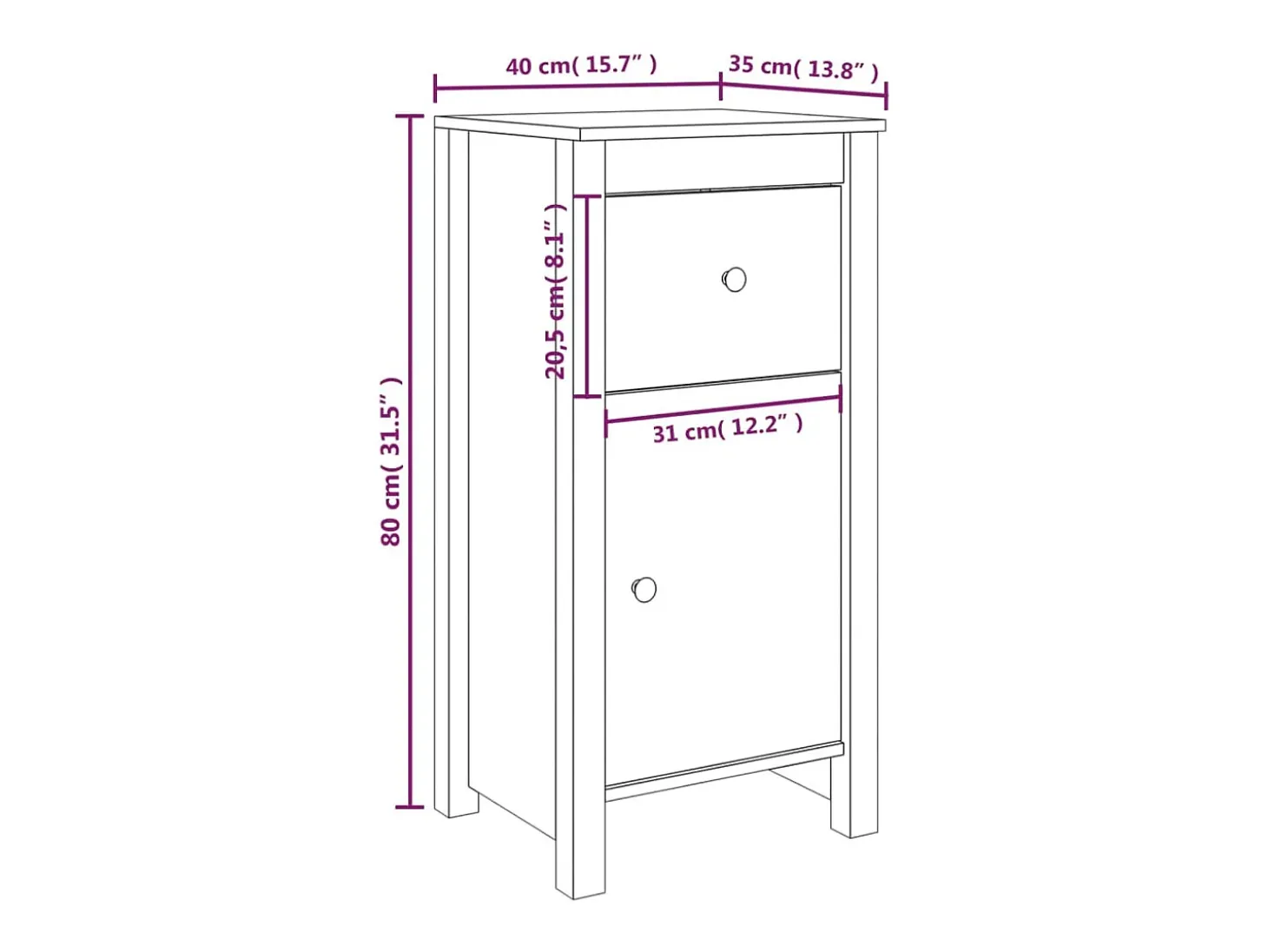 Aparador Cómoda Cómoda Mueble Almacenamiento Organizador Cocina Salón Salón 40 x 35 x 80 cm Madera Maciza de Pino Blanco 02_0030306