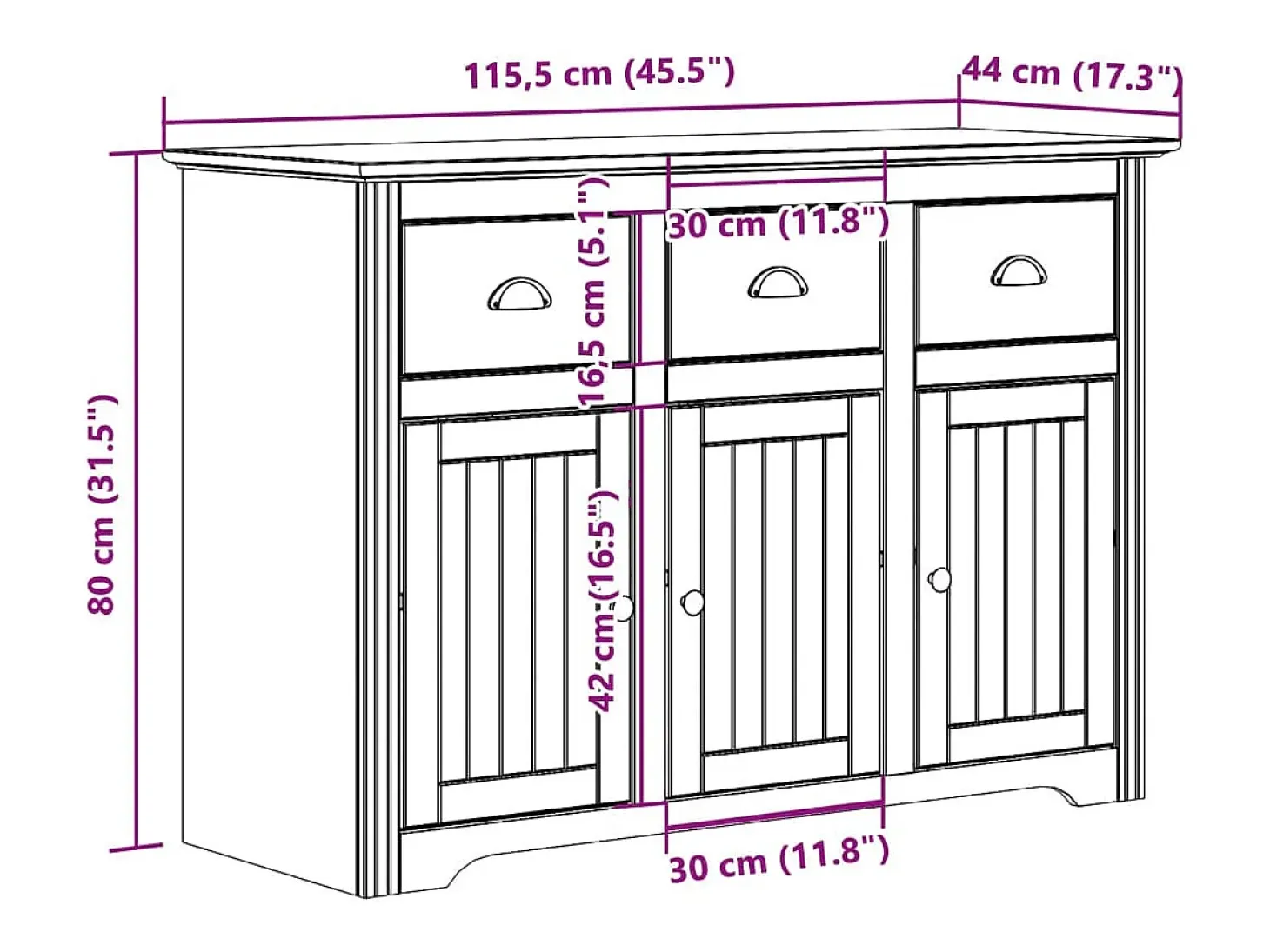Aparador cómoda mueble almacenaje organizador cocina salón salón BODO 115,5 x 44 x 80 cm madera maciza de pino blanco 02_0030800