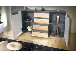 Aparador Cómoda Sylt , cuerpo en negro mate / Frente en burdeos de alto brillo con molduras en blanco de alto brillo (139 x 72 x 35)