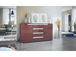 Aparador Cómoda Sylt , cuerpo en negro mate / Frente en burdeos de alto brillo con molduras en blanco de alto brillo (139 x 72 x 35)