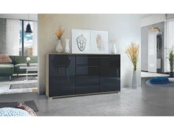 Aparador Cómoda Sylt , cuerpo en negro mate / Frente en negro de alto brillo con molduras en negro de alto brillo (139 x 72 x 35)