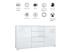 Aparador Cómoda Sylt , cuerpo en negro mate / Frente en burdeos de alto brillo con molduras en blanco de alto brillo (139 x 72 x 35)