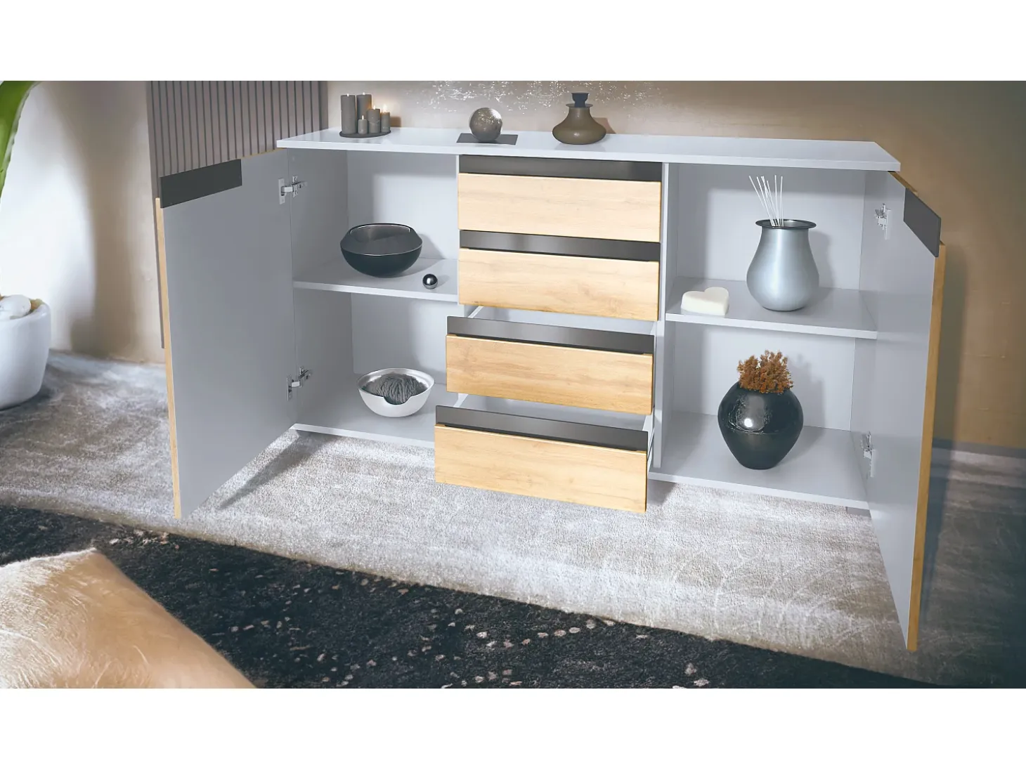 Aparador Cómoda Sylt , cuerpo en negro mate / Frente en burdeos de alto brillo con molduras en blanco de alto brillo (139 x 72 x 35)