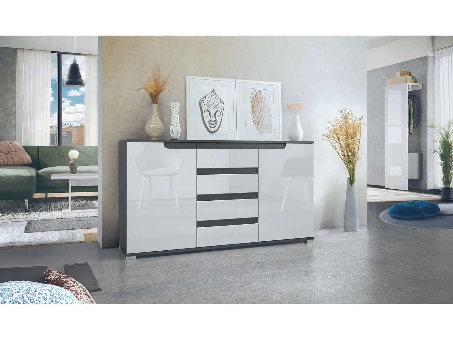 Aparador Cómoda Sylt , cuerpo en negro mate / Frente en blanco de alto brillo con molduras en antracita mate (139 x 72 x 35)