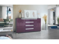 Aparador Cómoda Sylt , cuerpo en negro mate / Frente en zarzamora de alto brillo con molduras en blanco de alto brillo (139 x 72 x 35)