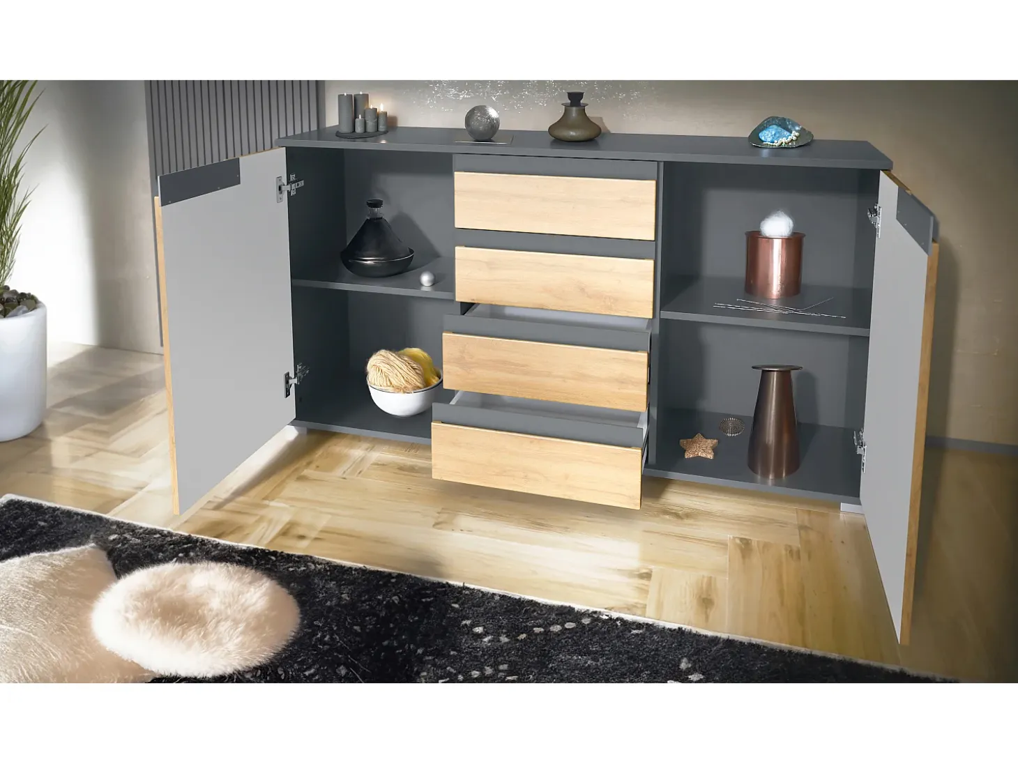 Aparador Cómoda Sylt , cuerpo en negro mate / Frente en zarzamora de alto brillo con molduras en blanco de alto brillo (139 x 72 x 35)