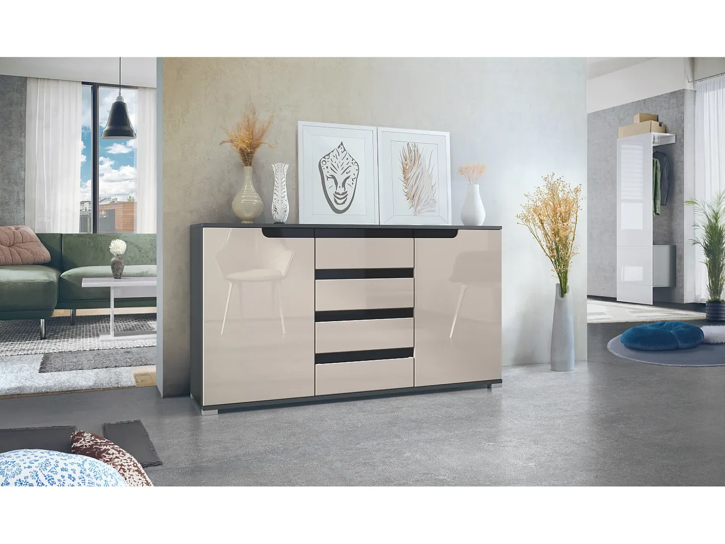 Aparador Cómoda Sylt , cuerpo en negro mate / Frente en gris arena de alto brillo con molduras en negro de alto brillo (139 x 72 x 35)