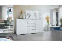 Aparador Cómoda Sylt , cuerpo en negro mate / Frente en blanco mate con molduras en blanco de alto brillo (139 x 72 x 35)