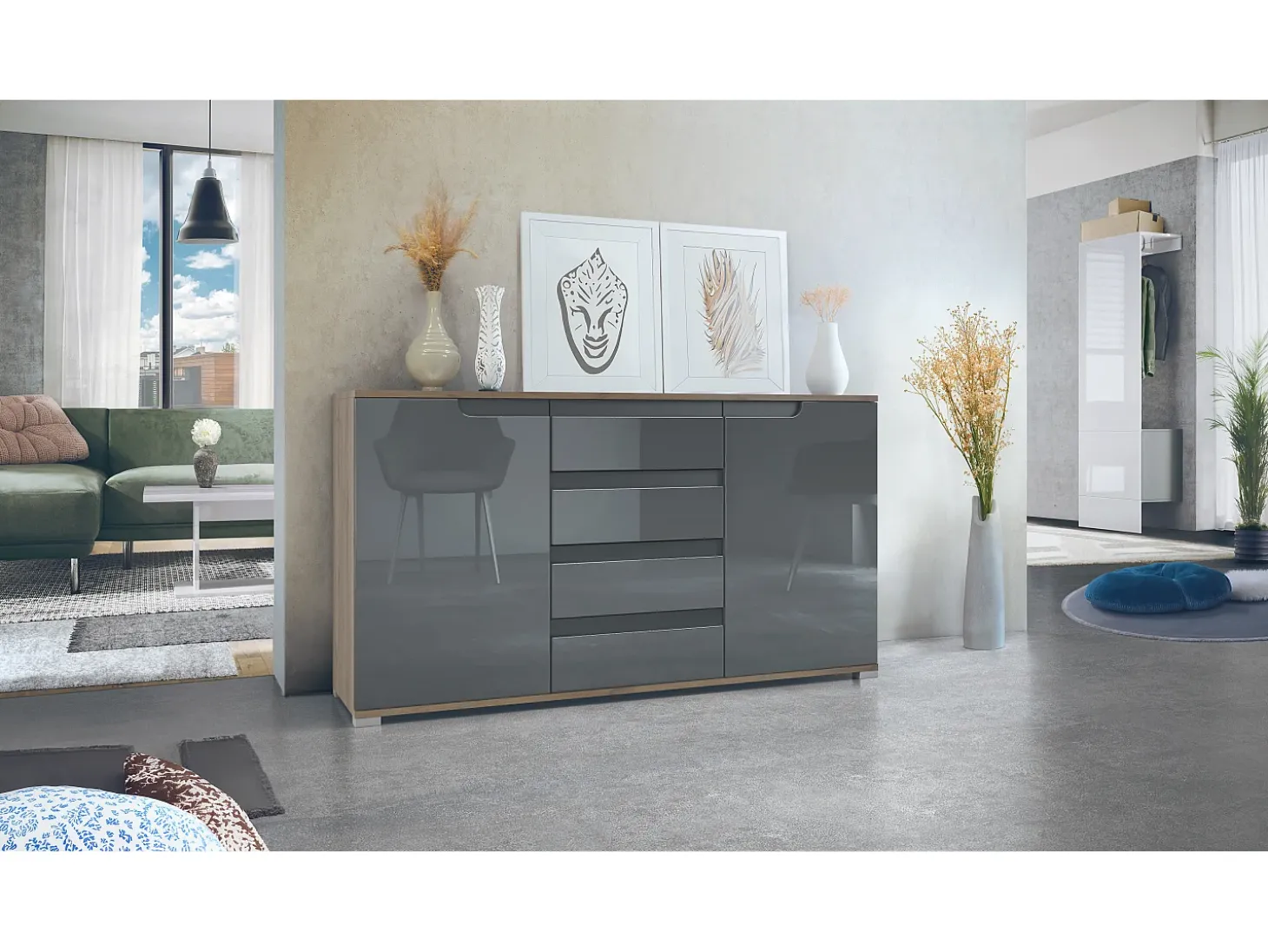 Aparador Cómoda Sylt , cuerpo en negro mate / Frente en gris de alto brillo con molduras en antracita mate (139 x 72 x 35)