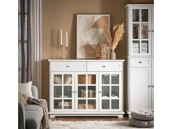 Aparador Cocina Mueble Vitrina de Cristal con 3 Puertas y 2 Cajones 119 x 40 x 90 cm FSB77-W SoBuy ES