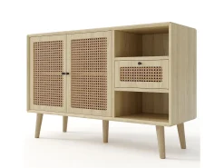 Aparador con 1 cajón, 2 nichos y 3 puertas de ratán tejido - estantes regulables - Natural