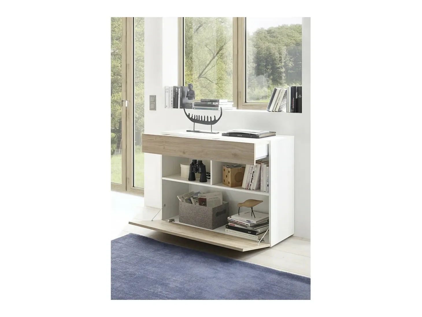 Aparador con 1 cajón y 1 puerta abatible, colección SULTANO, en colores blanco y roble claro, ideal para su salón.