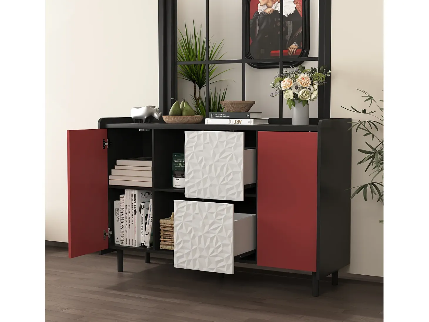 Aparador con 2 cajones, 2 estantes abiertos y puertas rojas, moderno mueble de almacenaje en MDF negro y rojo (120x40x80 cm)