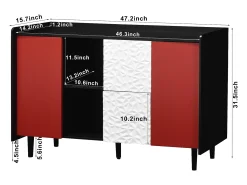Aparador con 2 cajones, 2 estantes abiertos y puertas rojas, moderno mueble de almacenaje en MDF negro y rojo (120x40x80 cm)