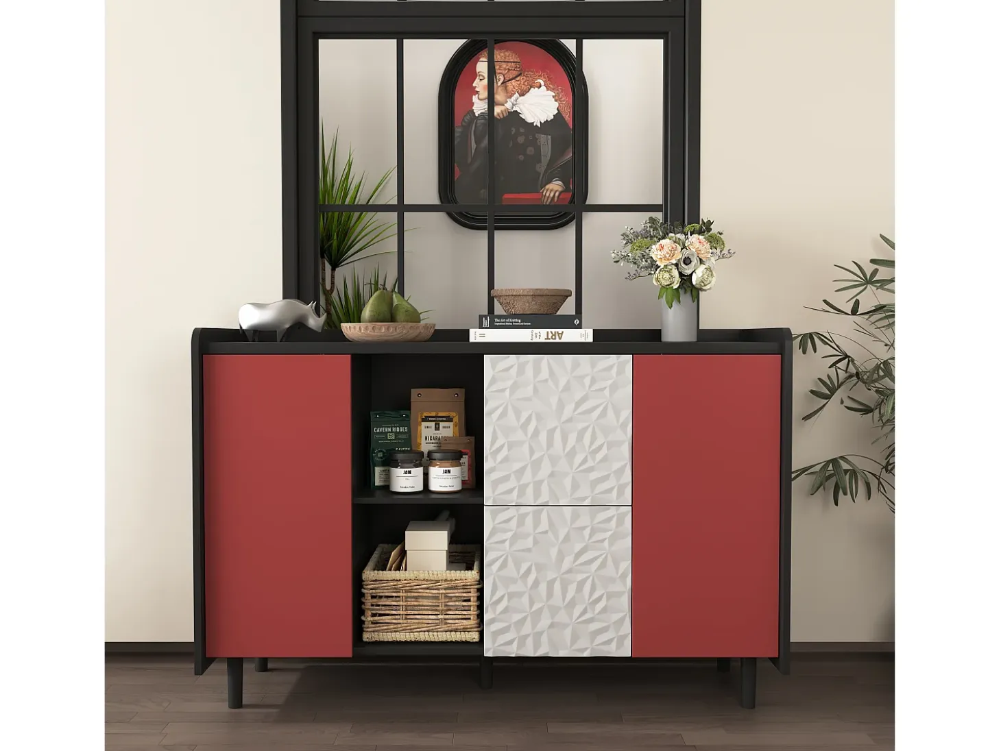 Aparador con 2 cajones, 2 estantes abiertos y puertas rojas, moderno mueble de almacenaje en MDF negro y rojo (120x40x80 cm)