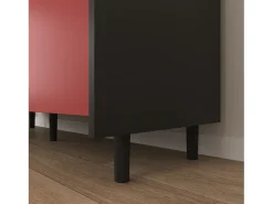 Aparador con 2 cajones, 2 estantes abiertos y puertas rojas, moderno mueble de almacenaje en MDF negro y rojo (120x40x80 cm)