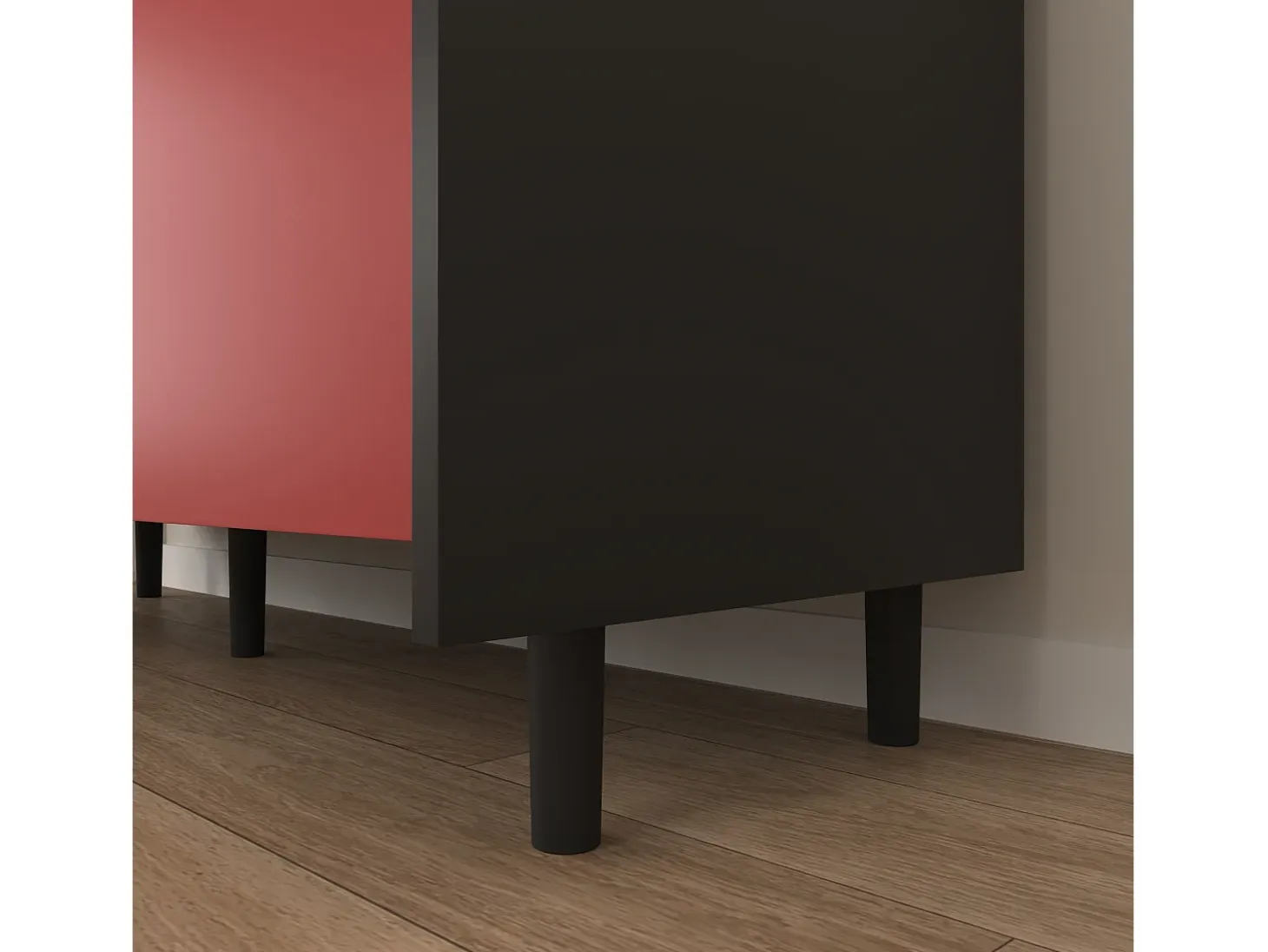 Aparador con 2 cajones, 2 estantes abiertos y puertas rojas, moderno mueble de almacenaje en MDF negro y rojo (120x40x80 cm)