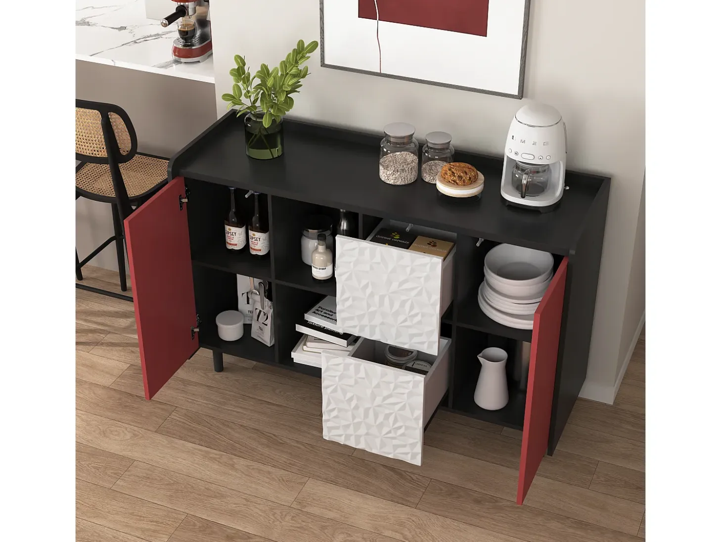 Aparador con 2 cajones, 2 estantes abiertos y puertas rojas, moderno mueble de almacenaje en MDF negro y rojo (120x40x80 cm)
