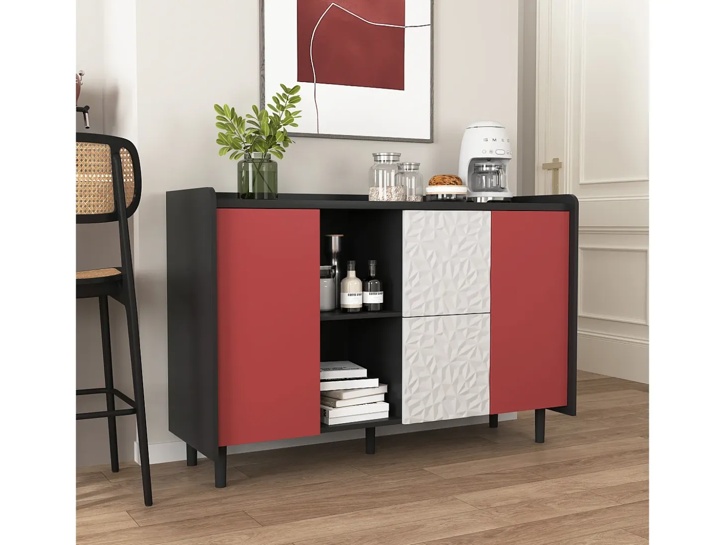Aparador con 2 cajones, 2 estantes abiertos y puertas rojas, moderno mueble de almacenaje en MDF negro y rojo (120x40x80 cm)
