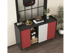 Aparador con 2 cajones, 2 estantes abiertos y puertas rojas, moderno mueble de almacenaje en MDF negro y rojo (120x40x80 cm)