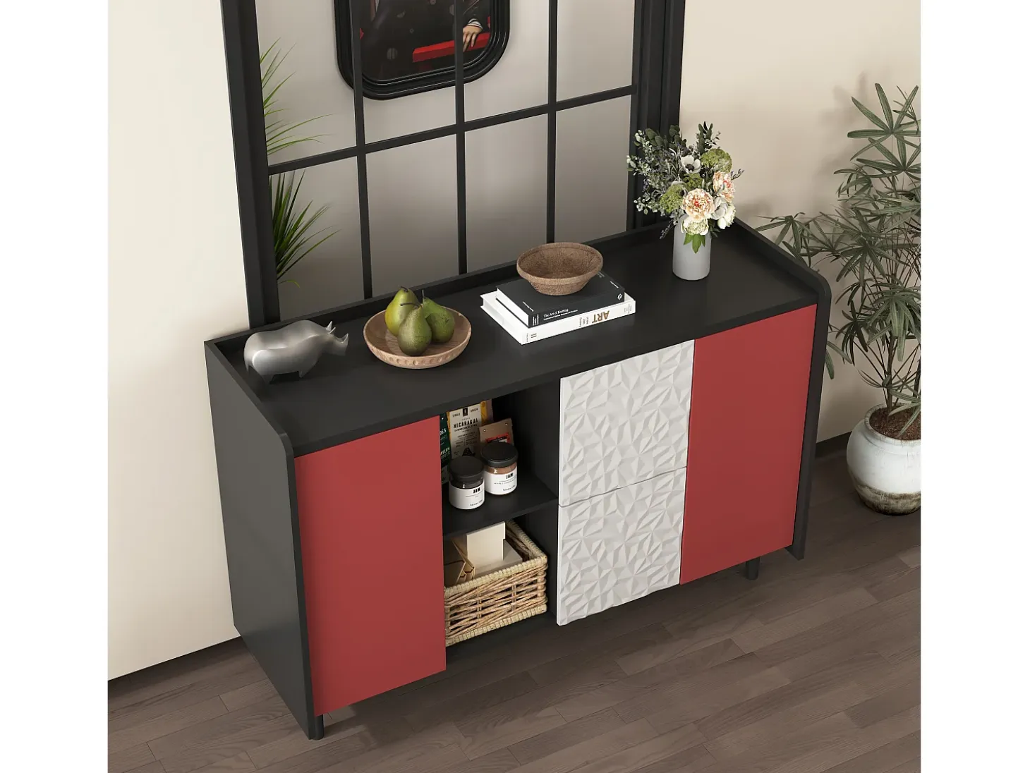 Aparador con 2 cajones, 2 estantes abiertos y puertas rojas, moderno mueble de almacenaje en MDF negro y rojo (120x40x80 cm)