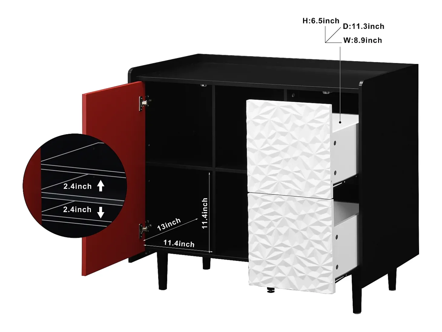Aparador con 2 cajones, 2 estantes abiertos y puertas rojas, moderno mueble de almacenaje en MDF negro y rojo (90x40x80 cm)