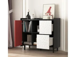 Aparador con 2 cajones, 2 estantes abiertos y puertas rojas, moderno mueble de almacenaje en MDF negro y rojo (90x40x80 cm)
